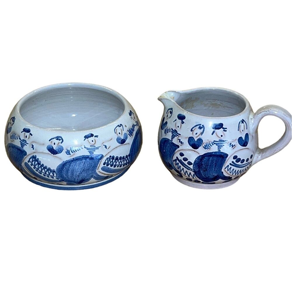 Hand Painted Blue & White Dutch Maidens Creamer and Sugar Bowl Set Artist Signed